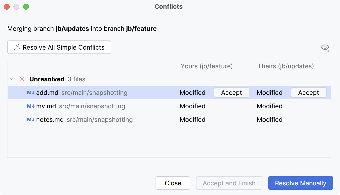 Files Merged with Conflicts dialog Files Merged with Conflicts dialog
