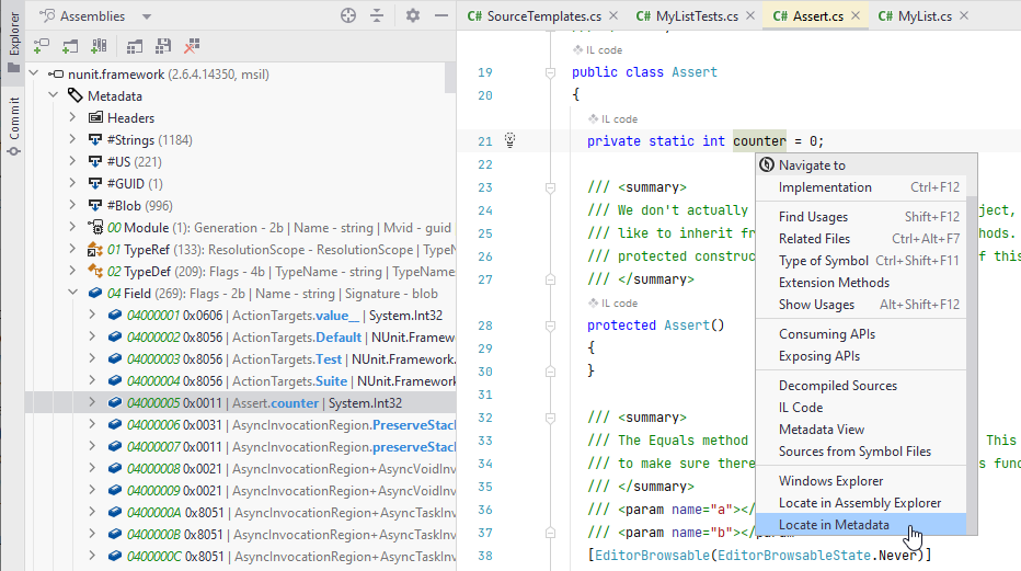 Exploring assembly metadata with JetBrains Rider Exploring assembly metadata with JetBrains Rider