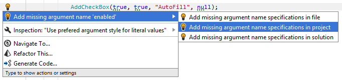 JetBrains Rider: A quick fix that helps you add or remove argument names JetBrains Rider: A quick fix that helps you add or remove argument names