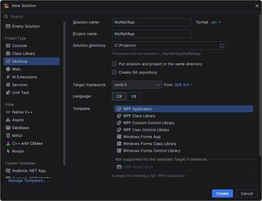 JetBrains Rider: New Solution dialog for WPF App JetBrains Rider: New Solution dialog for WPF App