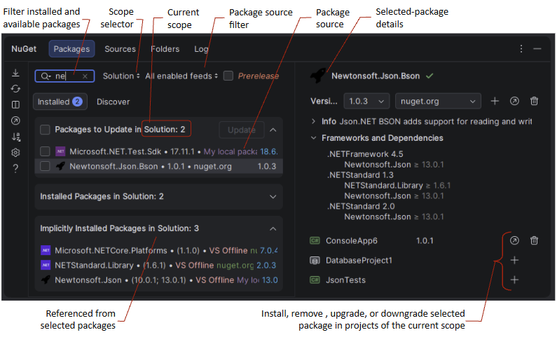 JetBrains Rider Nuget window JetBrains Rider Nuget window