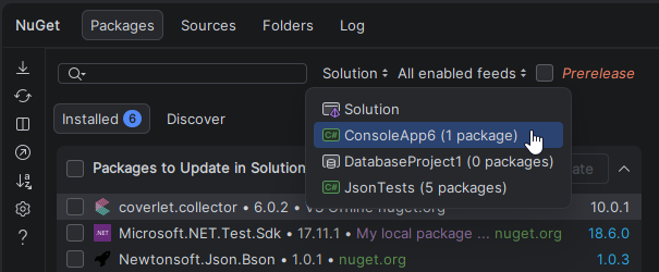 JetBrains Rider: choosing a project to manage NuGet packages JetBrains Rider: choosing a project to manage NuGet packages