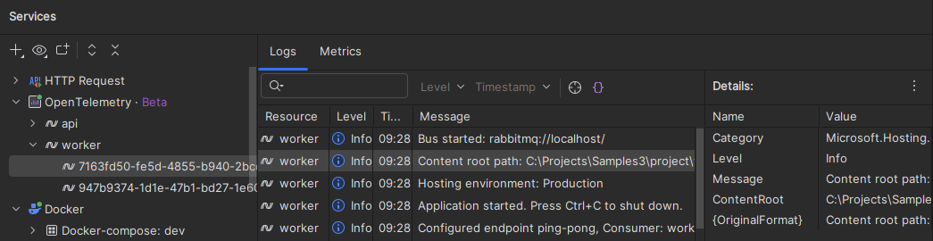 JetBrains&nbsp;Rider: OpenTelemetry logs for a service instance