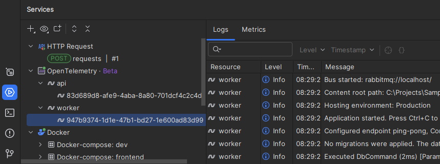 JetBrains&nbsp;Rider: OpenTelemetry in the Services window