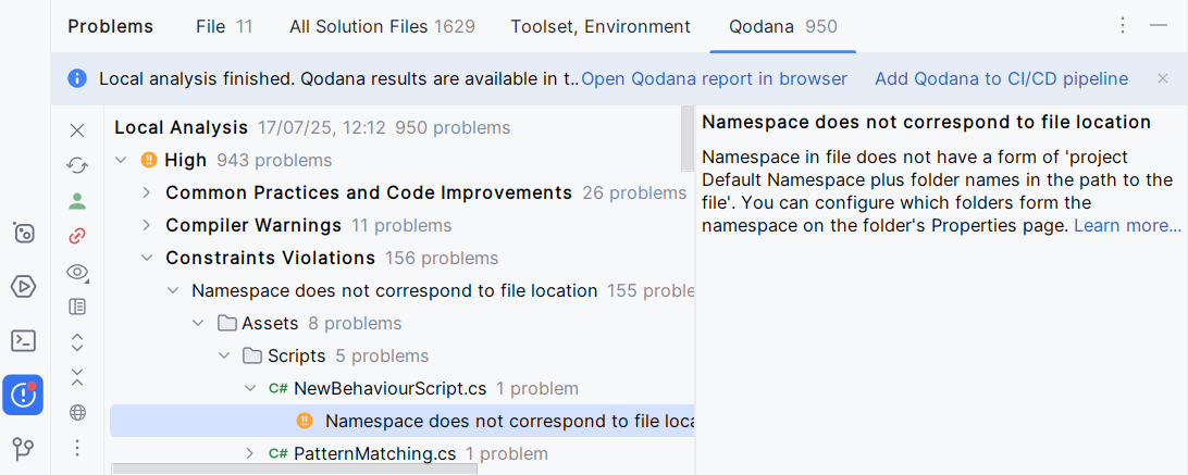 JetBrains Rider: Qodana inspection results in the Problems window JetBrains Rider: Qodana inspection results in the Problems window