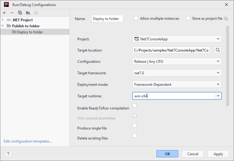 JetBrains Rider: Run/Debug Configuration: Publish to Folder JetBrains Rider: Run/Debug Configuration: Publish to Folder
