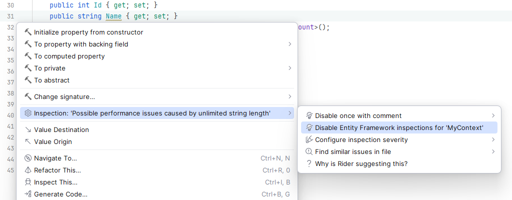 JetBrains Rider: Disabling Entity Framework inspections for a DB context class from the 'Alt+Enter' menu JetBrains Rider: Disabling Entity Framework inspections for a DB context class from the 'Alt+Enter' menu