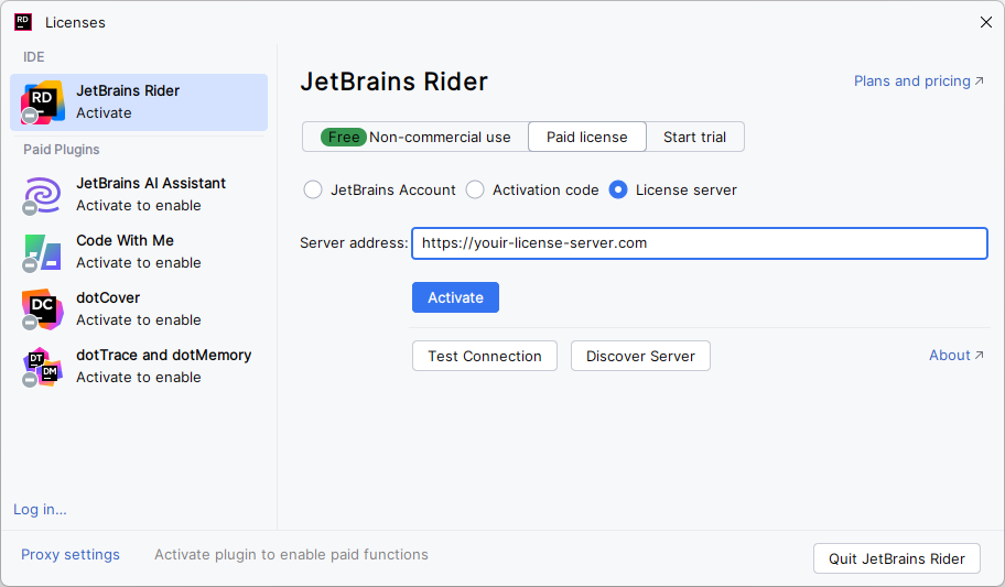 Activate JetBrains Rider license with a license server Activate JetBrains Rider license with a license server