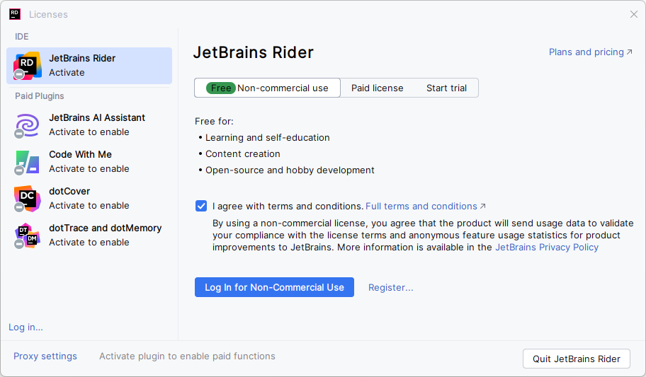JetBrains Rider: The Licenses dialog with the option to activate a free license JetBrains Rider: The Licenses dialog with the option to activate a free license