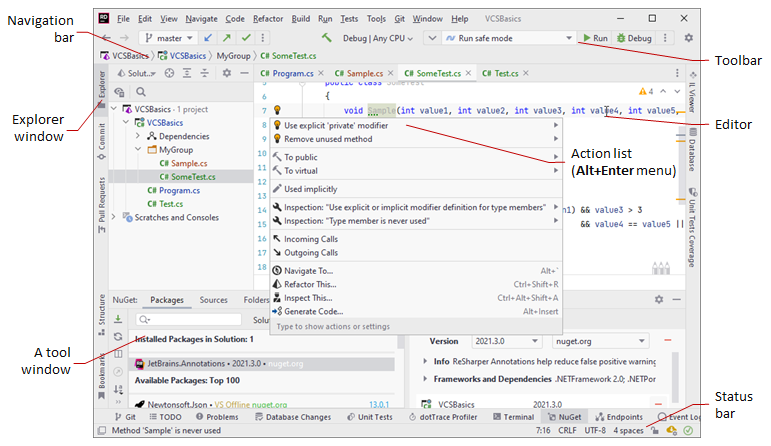 JetBrains Rider main window in the classic UI JetBrains Rider main window in the classic UI