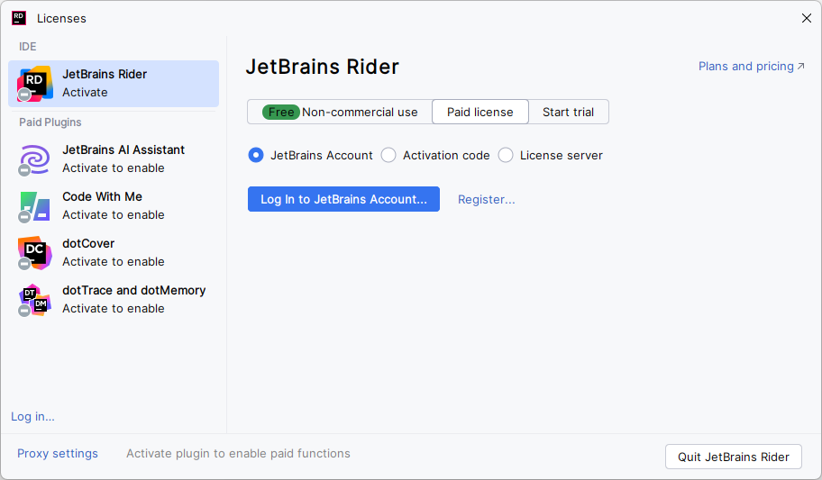 Activate JetBrains Rider license with a JB Account Activate JetBrains Rider license with a JB Account