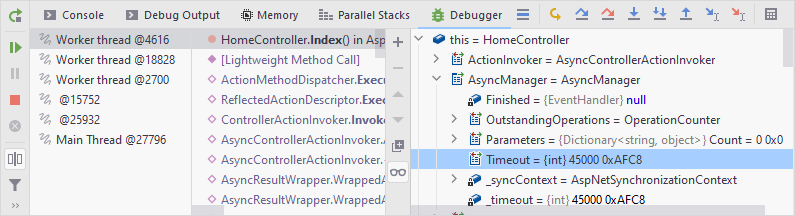 JetBrains&nbsp;Rider: Debug window