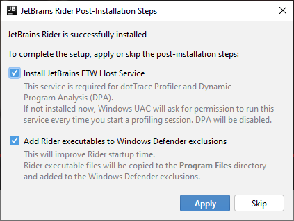 JetBrains&nbsp;Rider: Post installation options
