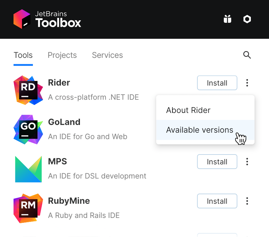JetBrains&nbsp;Rider in the Toolbox App