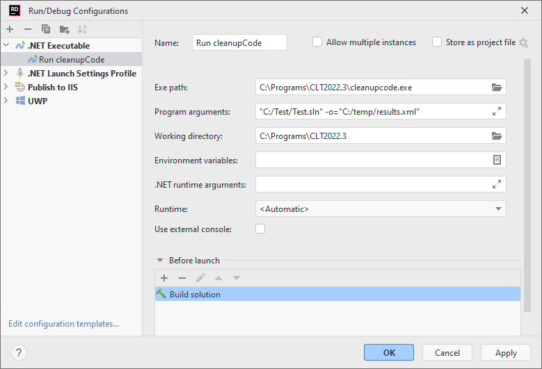 JetBrains Rider run configuration: .NET Executable JetBrains Rider run configuration: .NET Executable