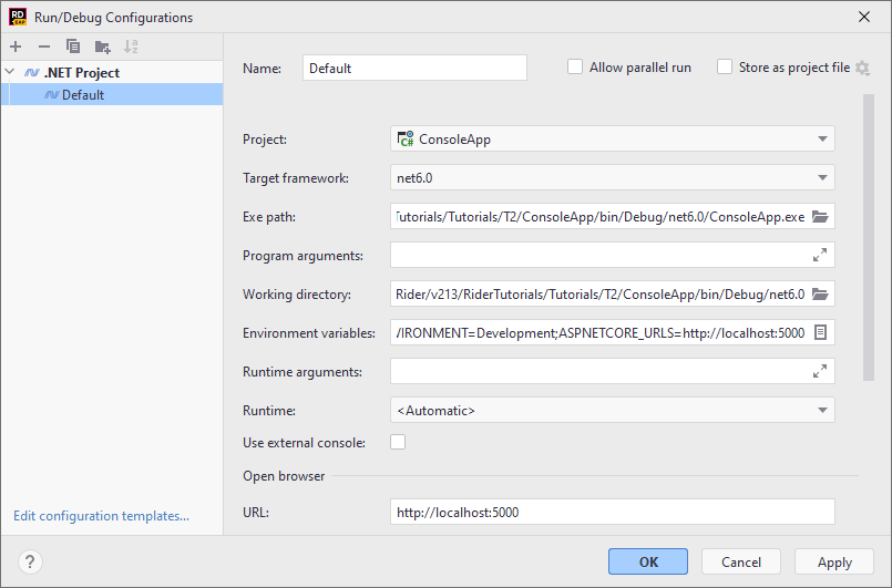 JetBrains Rider: Run/debug configurations: .NET Project JetBrains Rider: Run/debug configurations: .NET Project