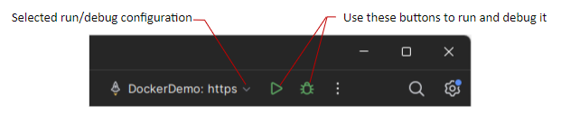 JetBrains Rider: run/debug configuration controls on the toolbar JetBrains Rider: run/debug configuration controls on the toolbar
