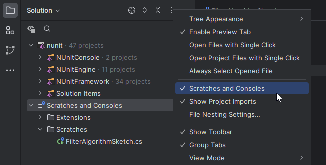JetBrains Rider: Hide Scratches and Consoles JetBrains Rider: Hide Scratches and Consoles