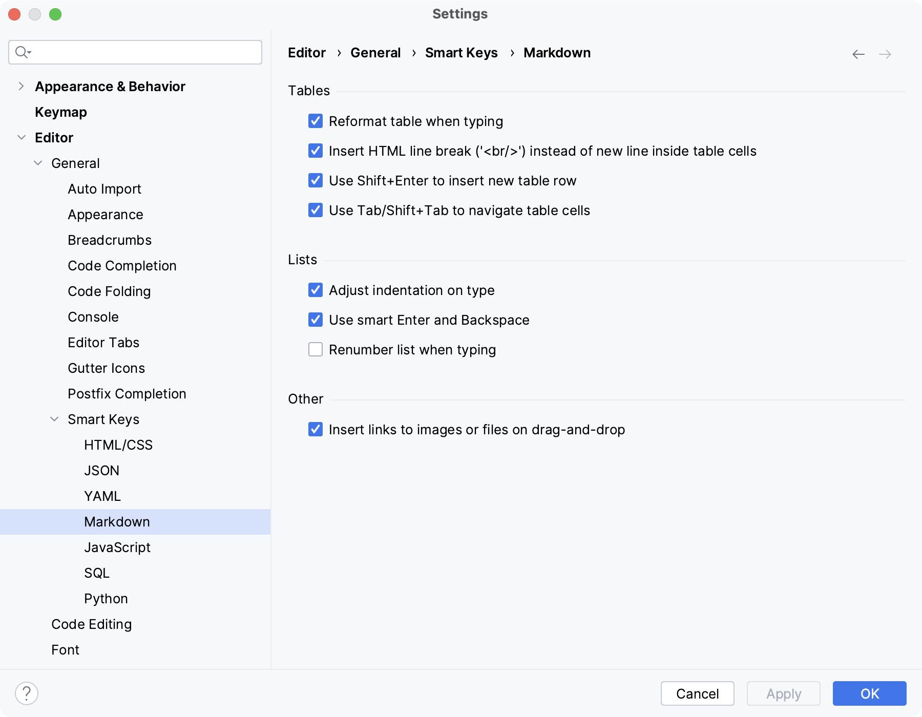 Settings | Editor | General | Typing Assistance | Markdown Settings | Editor | General | Typing Assistance | Markdown