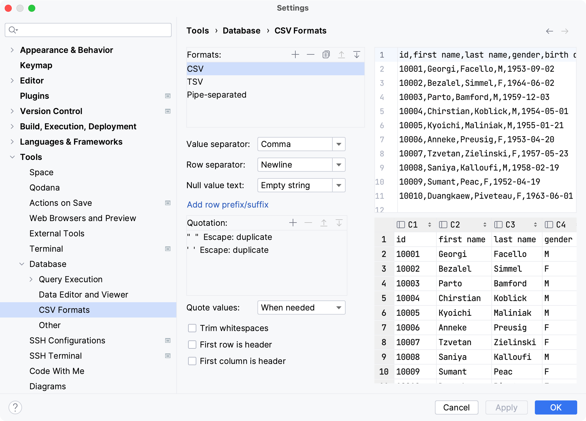 The CSV Formats menu of the Database settings The CSV Formats menu of the Database settings