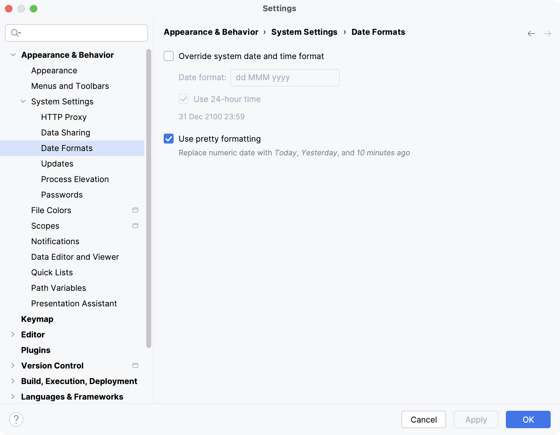 The Date Formats settings page The Date Formats settings page