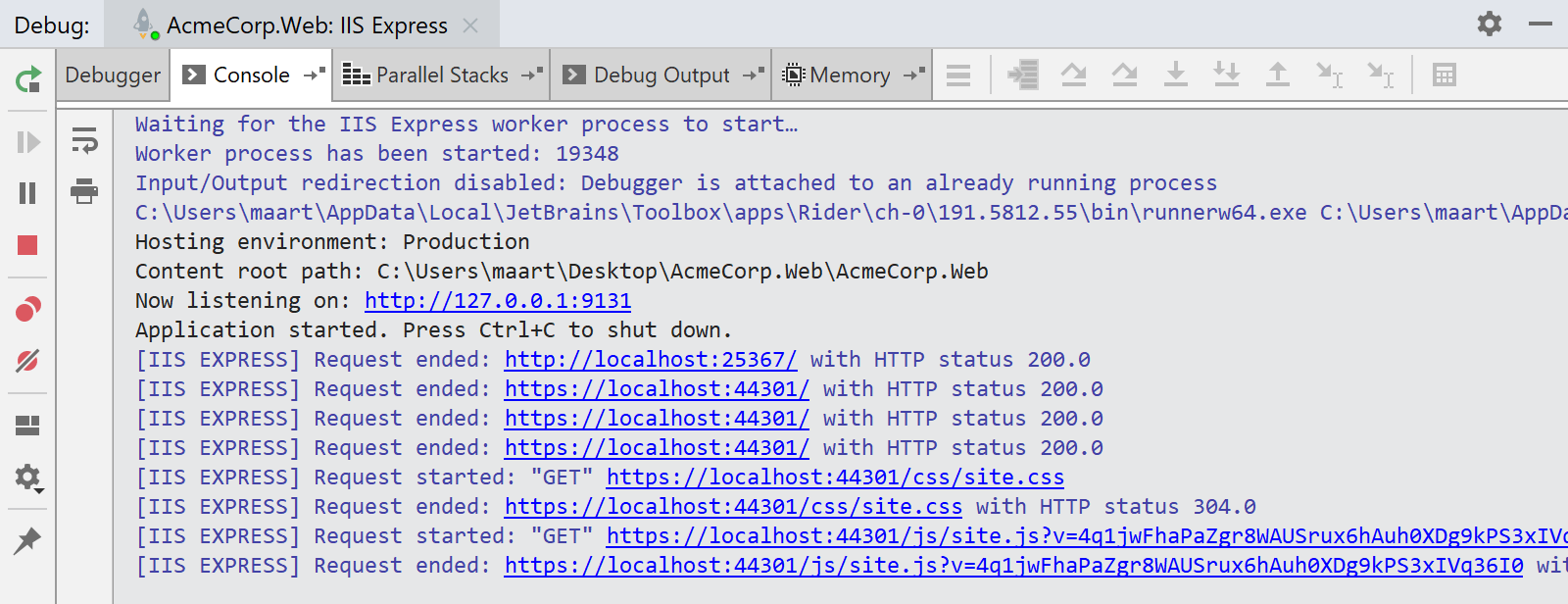 JetBrains Rider: IIS Express output JetBrains Rider: IIS Express output