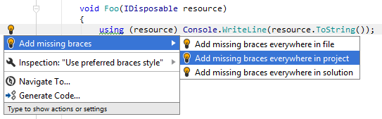 JetBrains Rider 帮助为单层嵌套语句添加大括号 JetBrains Rider 帮助为单层嵌套语句添加大括号