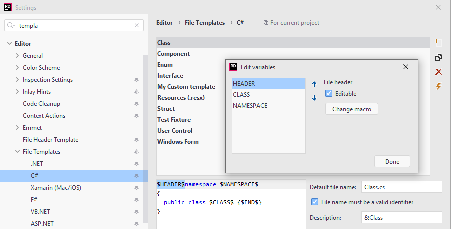 JetBrains Rider: File template with file header JetBrains Rider: File template with file header