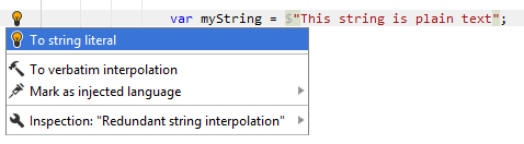 JetBrains&nbsp;Rider：将无参数的字符串插值转换为字符串字面量