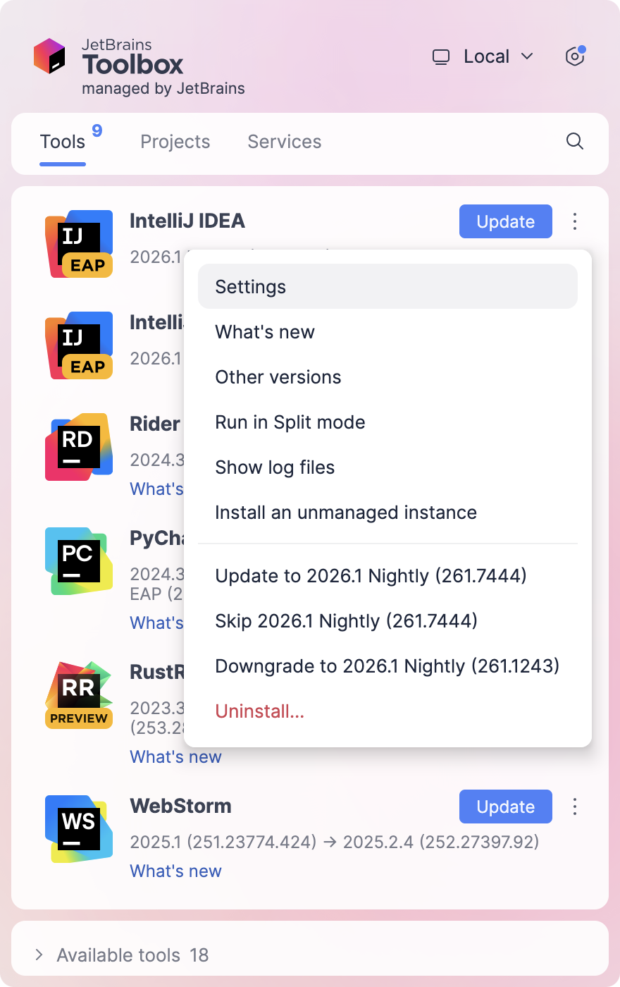 在 Toolbox App 中打开 IDE 实例设置 在 Toolbox App 中打开 IDE 实例设置