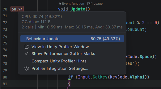 JetBrains&nbsp;Rider。 在编辑器中可视化 Unity Profiler 数据