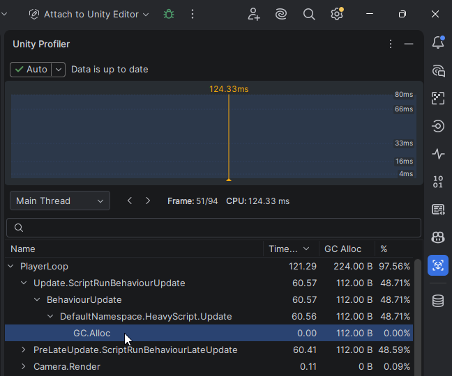 JetBrains Rider 中的 Unity 分析器窗口