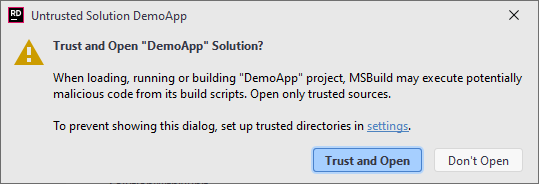 JetBrains Rider. Notification about an untrusted solution JetBrains Rider. Notification about an untrusted solution
