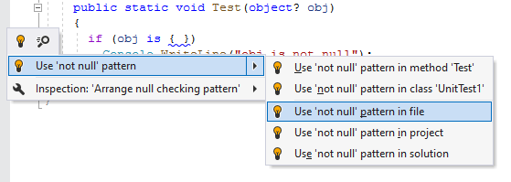JetBrains Rider syntax style inspection: Use 'not null' pattern JetBrains Rider syntax style inspection: Use 'not null' pattern