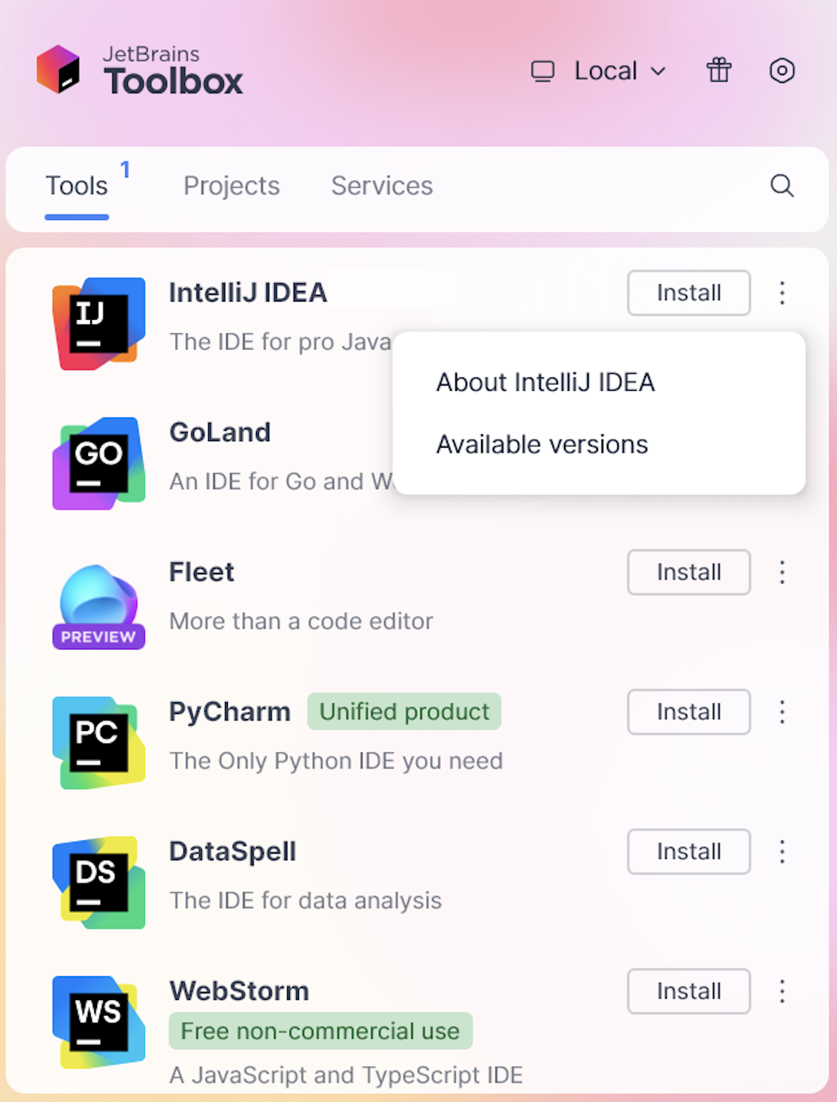 JetBrains&nbsp;Rider in the Toolbox App