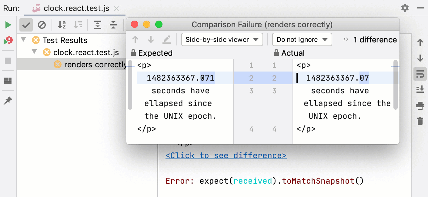 Jest snapshots: compare the expected and actual snapshots in the JetBrains&nbsp;Rider Diff Viewer