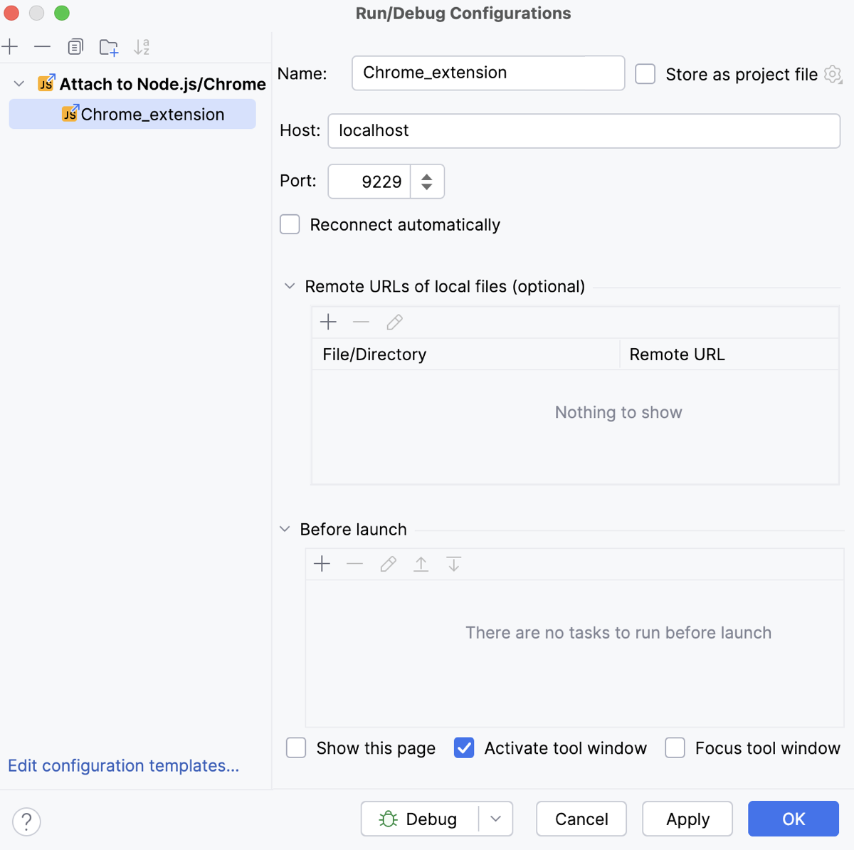 Create an Attach to Node.js/Chrome run/debug configuration