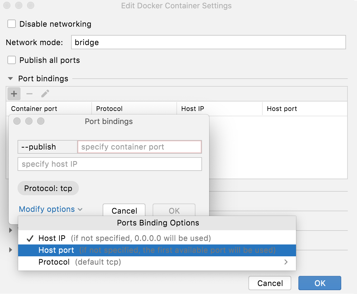Configure Docker container settings: select the port binding options to specify Configure Docker container settings: select the port binding options to specify