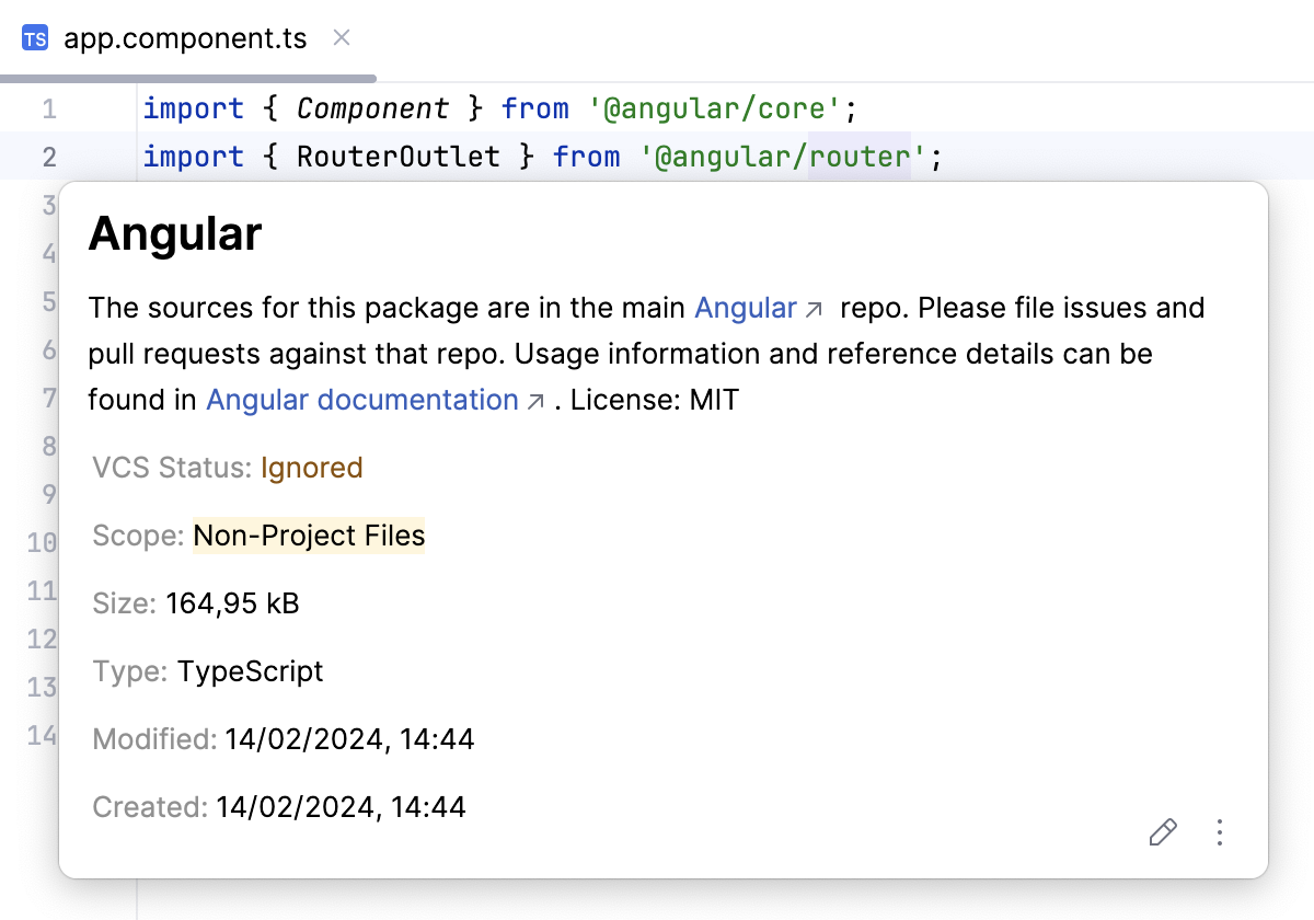 Quick Doc for an npm package is opened from an import statement Quick Doc for an npm package is opened from an import statement