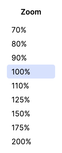 Zoom popup menu with values from 70% to 200%, 100% is selected