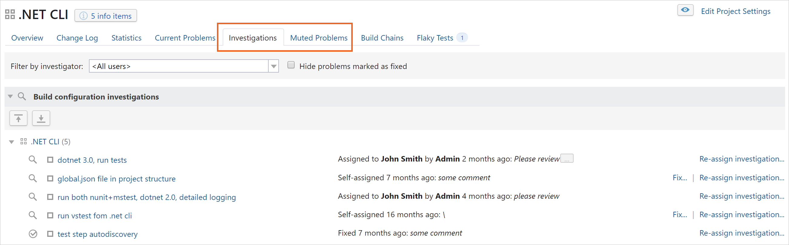 Investigations and Muted Problems tabs Investigations and Muted Problems tabs