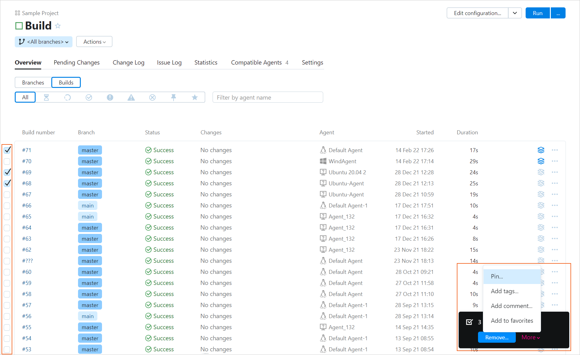 Selecting multiple builds Selecting multiple builds
