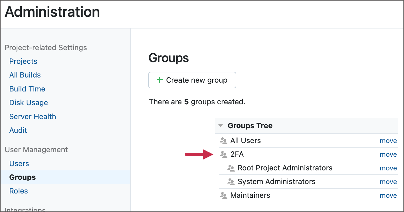 Parent user group with enforced 2FA