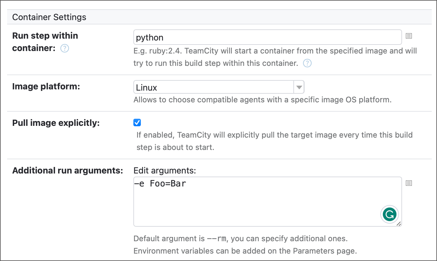 Container settings in steps and meta-runners