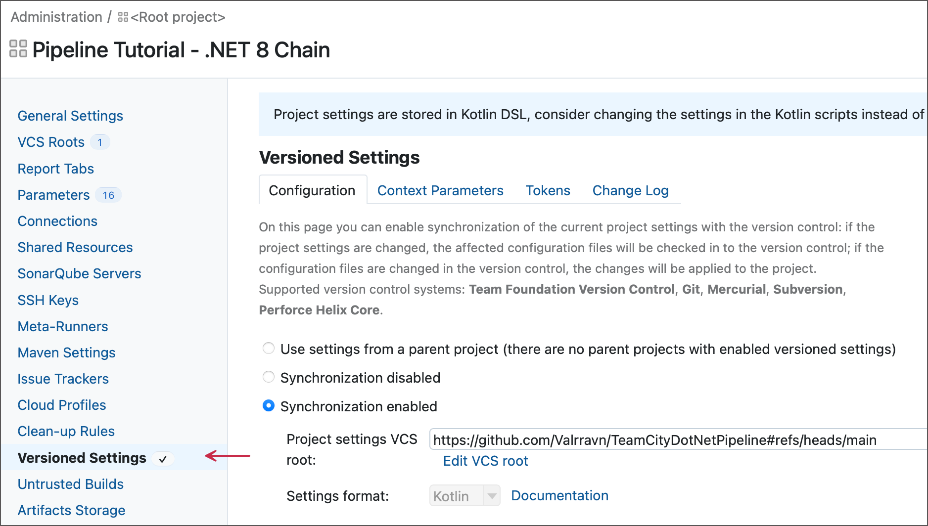 Main versioned settings page