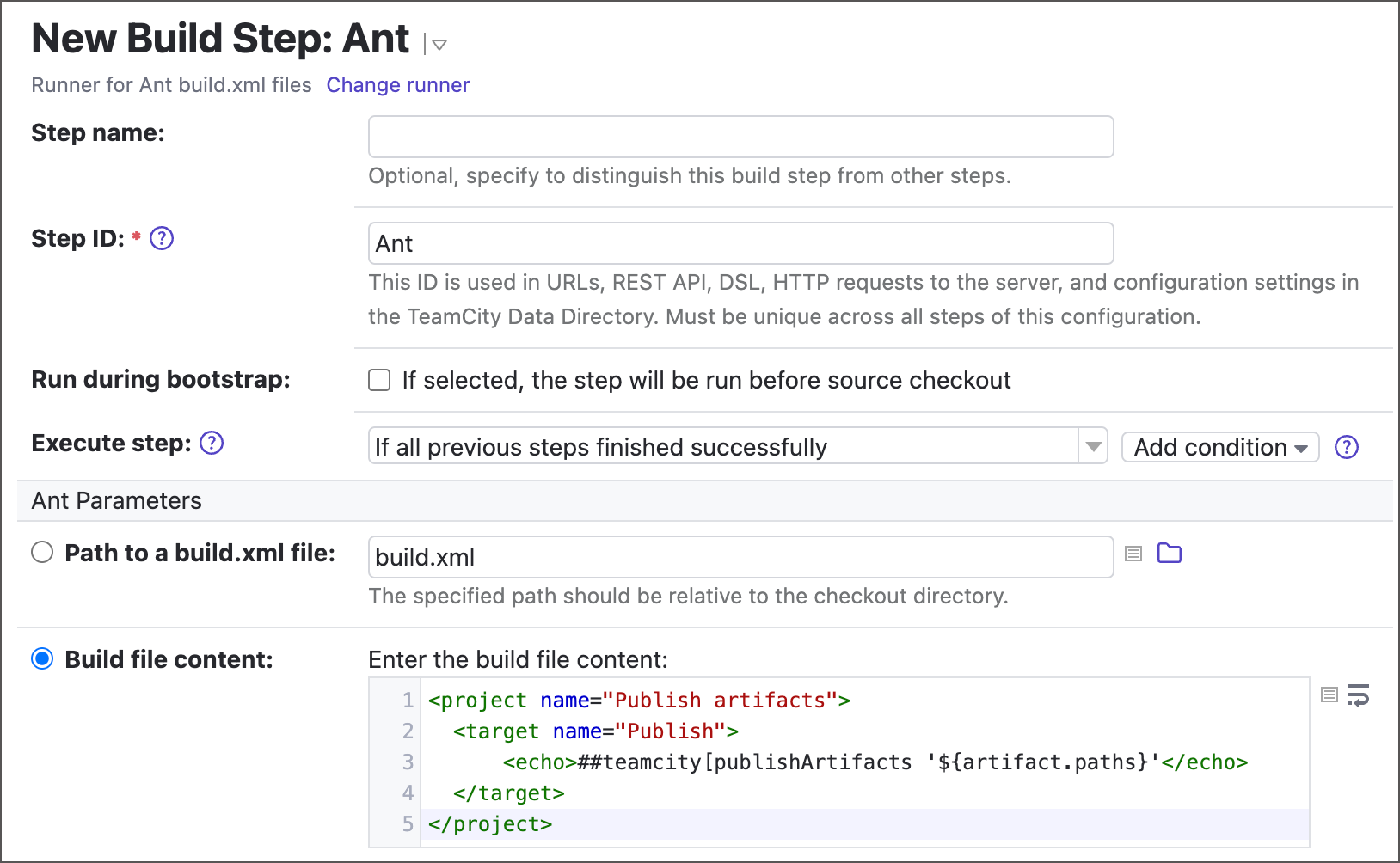 Build config file embedded in Ant step settings Build config file embedded in Ant step settings