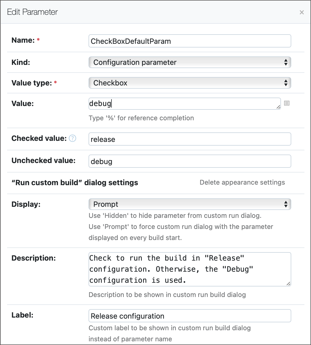 Checkbox parameter settings Checkbox parameter settings