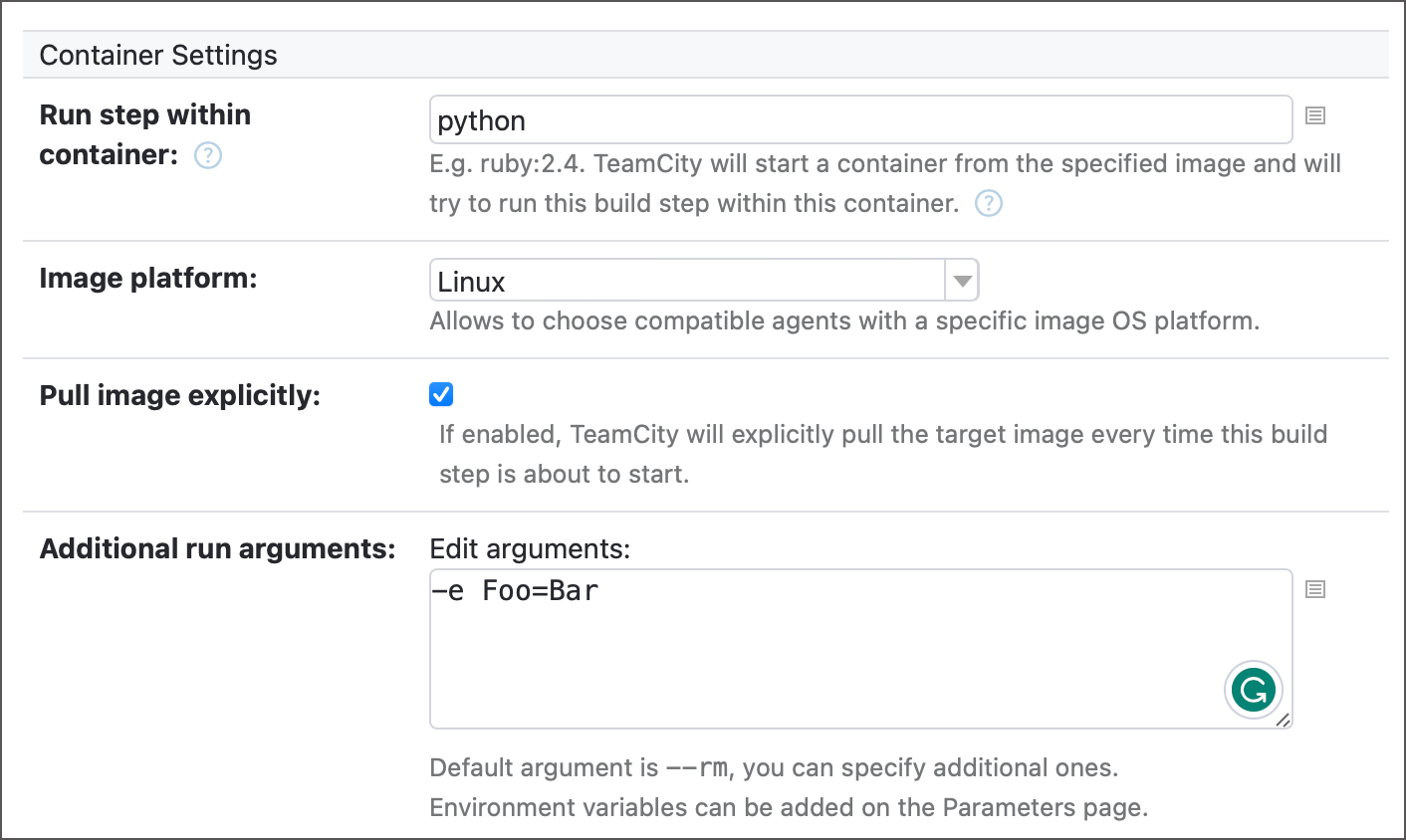 Container settings in steps and recipes Container settings in steps and recipes