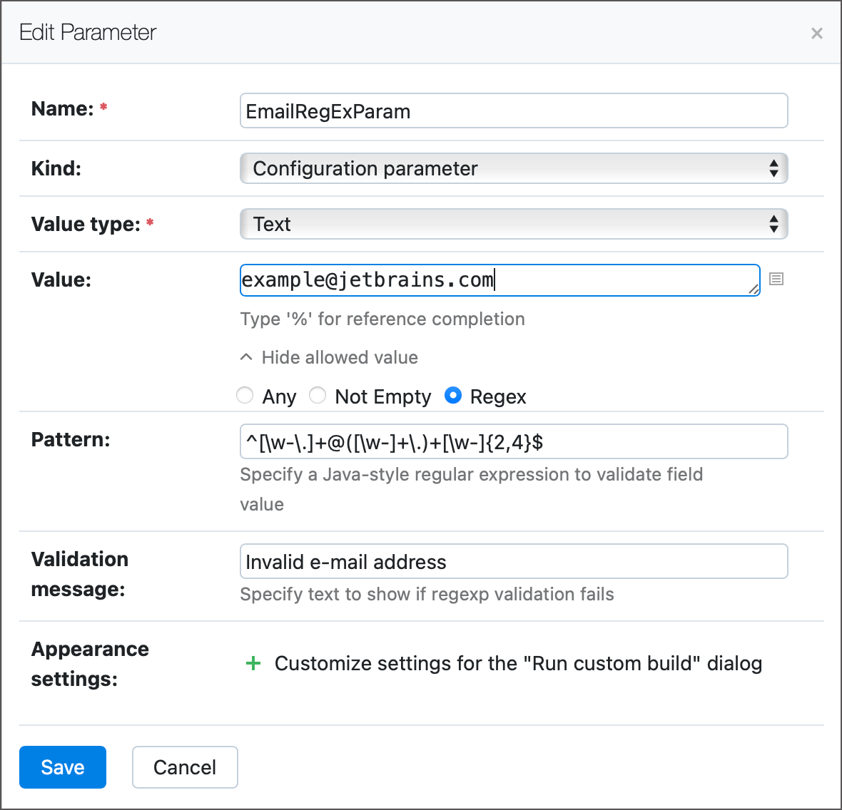 RegEx parameter settings RegEx parameter settings