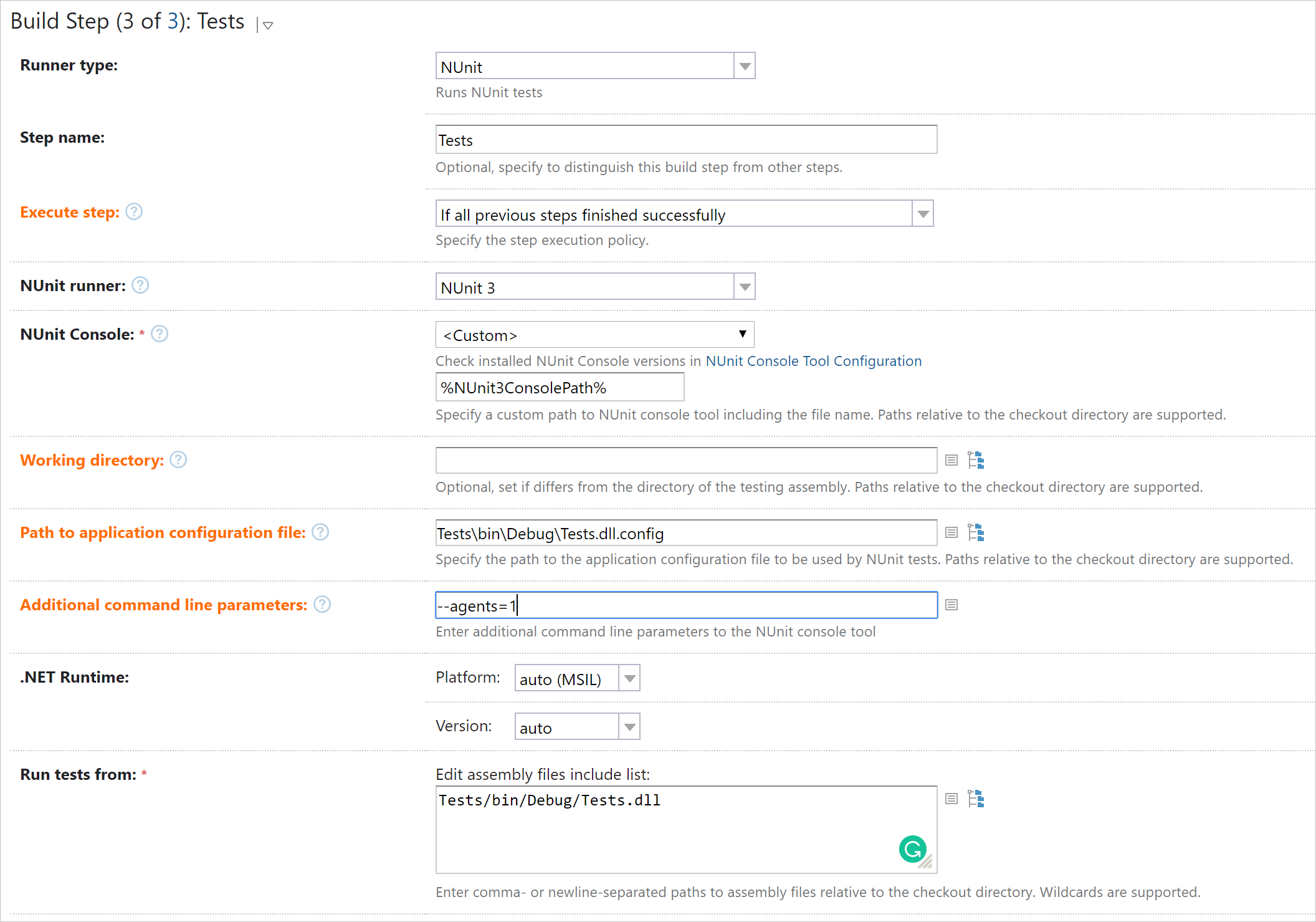 Build step: NUnit, advanced options Build step: NUnit, advanced options